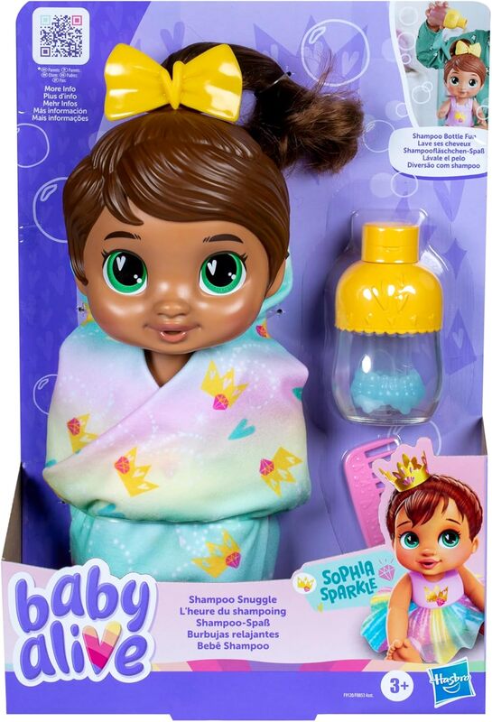 Baby Alive Shampoo Snuggle Sophia Sparkle Brown Hair Dress Up Baby Doll Playset, 11 Inches - Purple