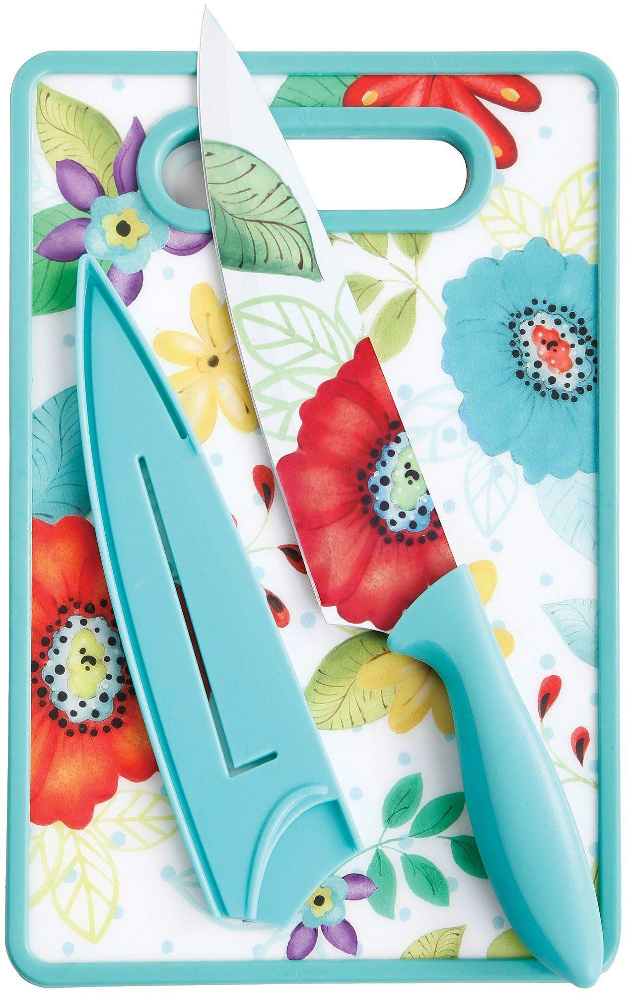 Gibson Studio California Jordana 3-Piece Cutlery Knife And Cutting Board Set, Turquoise Floral Pattern