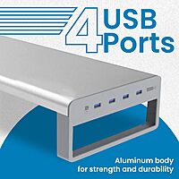 OTM Essentials Slim Aluminum Monitor Stand, Desk Riser with Non-Slip Padding and Tilted Surface, Versatile Home Office Essentials, Equipped with 4 USB Ports Desktop Monitor