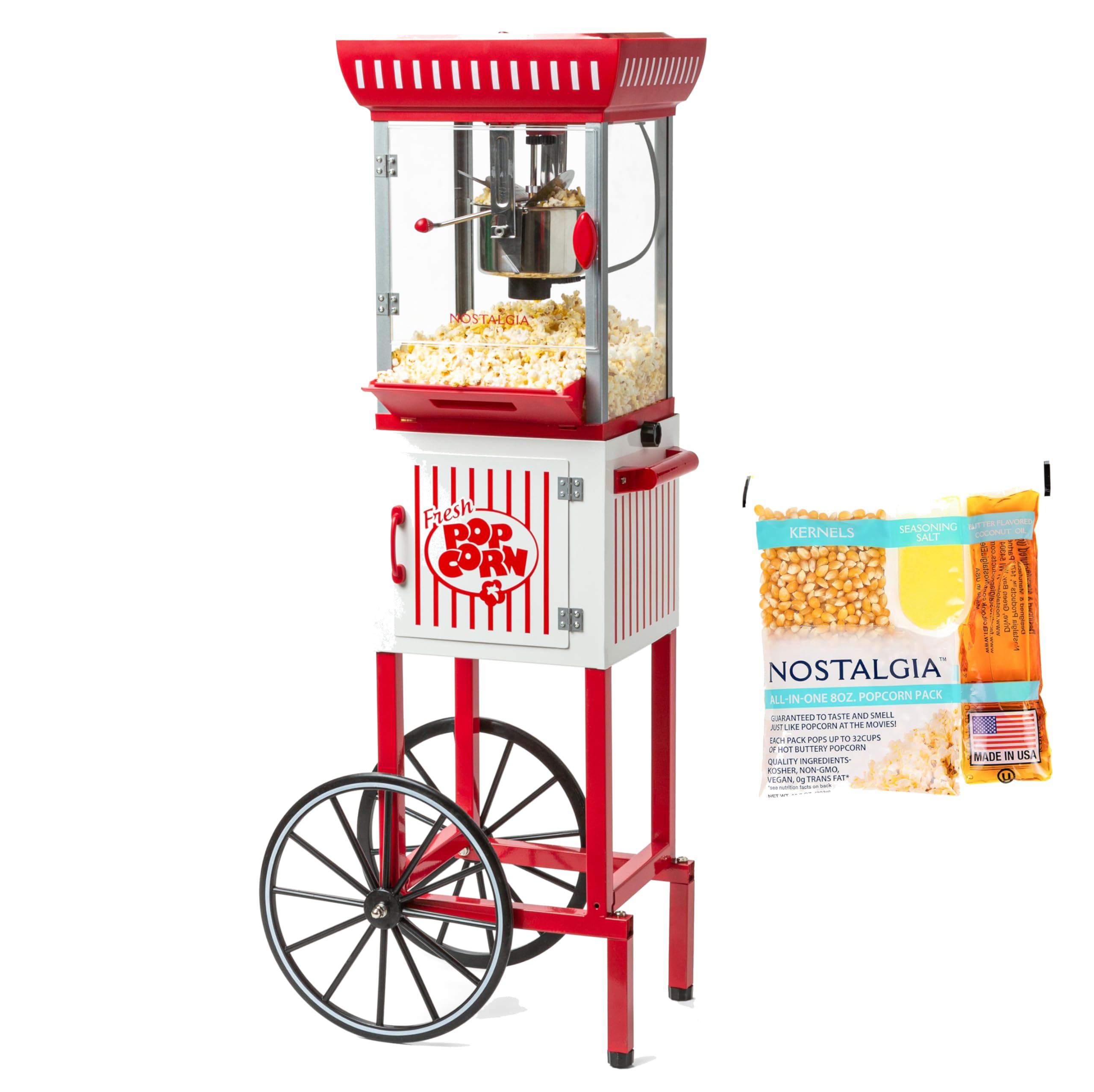 Nostalgia Red/White Vintage Popcorn Maker Machine - 2.5 Oz Kettle Makes Up to 10 Cups
