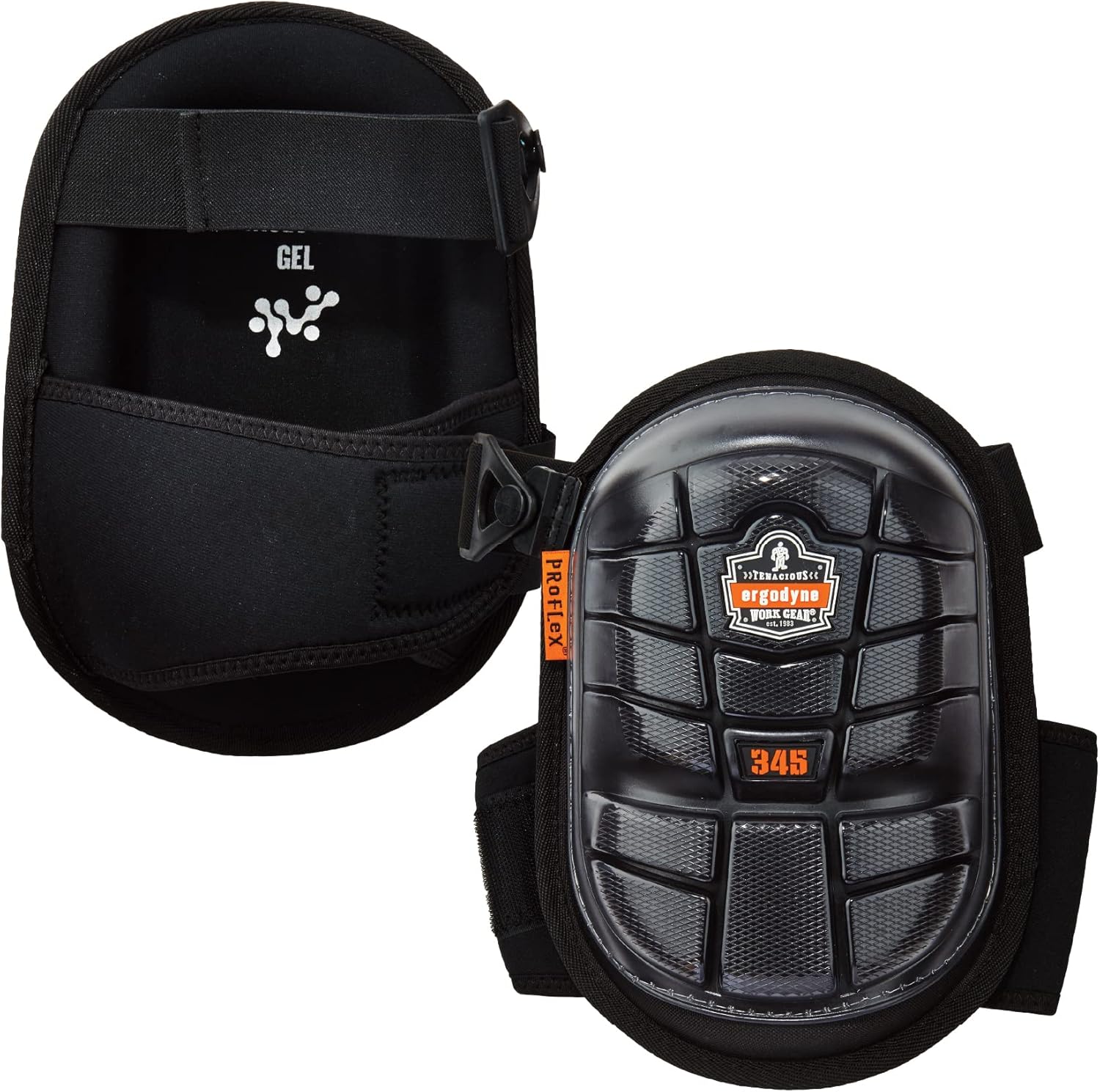 Ergodyne ProFlex 345 Professional Knee Pads, Protective Long Cap, Injected Gel Padded Technology, Adjustable Straps, Black