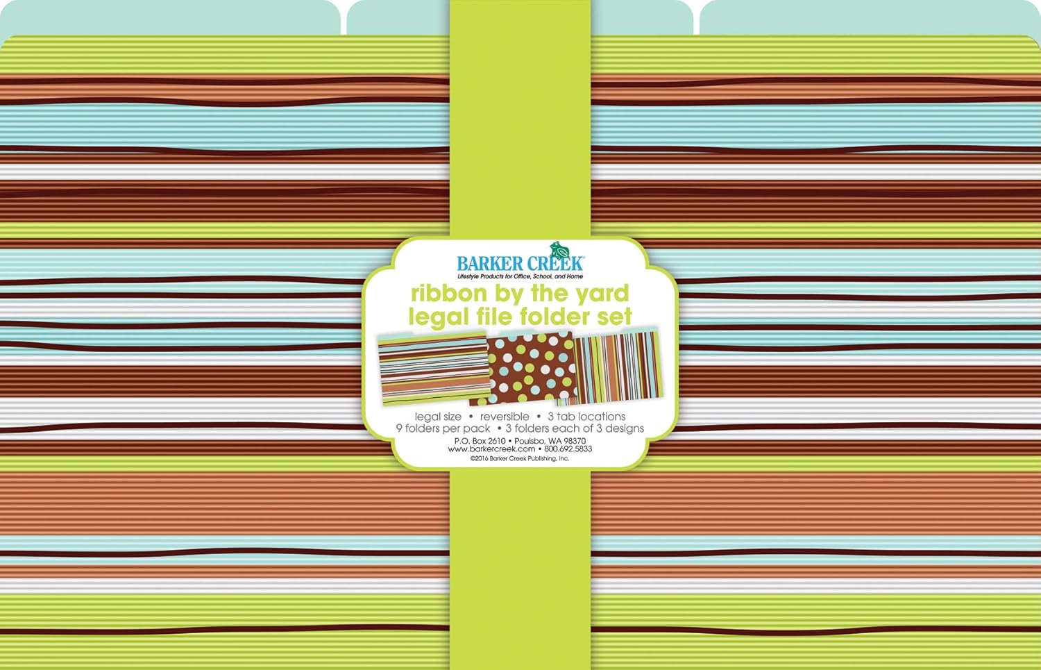 Barker Creek File Folders - Set of 9 Ribbon by The Yard Legal Size Folders, 12pt Stock, Multi-Design Set, 1/3 Cut Tabs