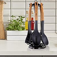 Megachef Nylon Tool Cookware Utensil Set, 7 Piece, Black and Wood Texture