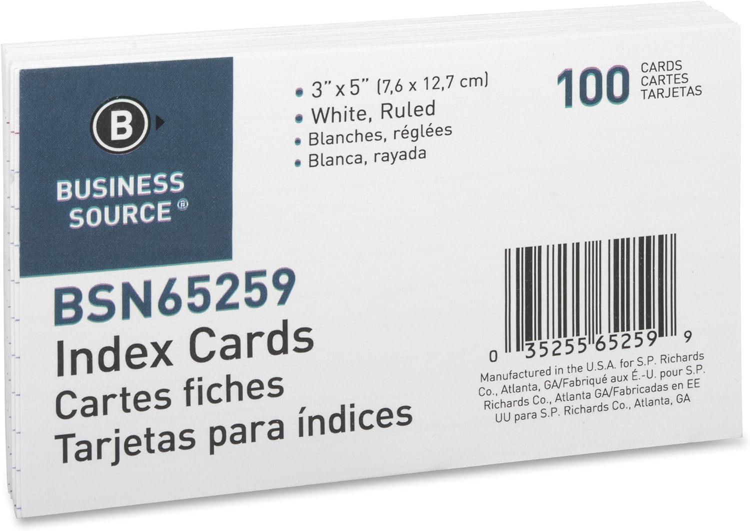 BUSINESS SOURCE Ruled Index Cards, 72 lb, 100/Pack, White