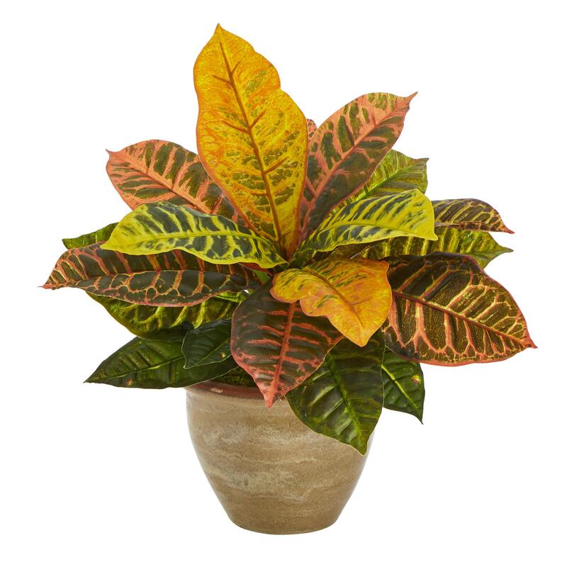 Nearly Natural 15in. Garden Croton Artificial Plant in Ceramic Planter (Real Touch) Orange 15in.