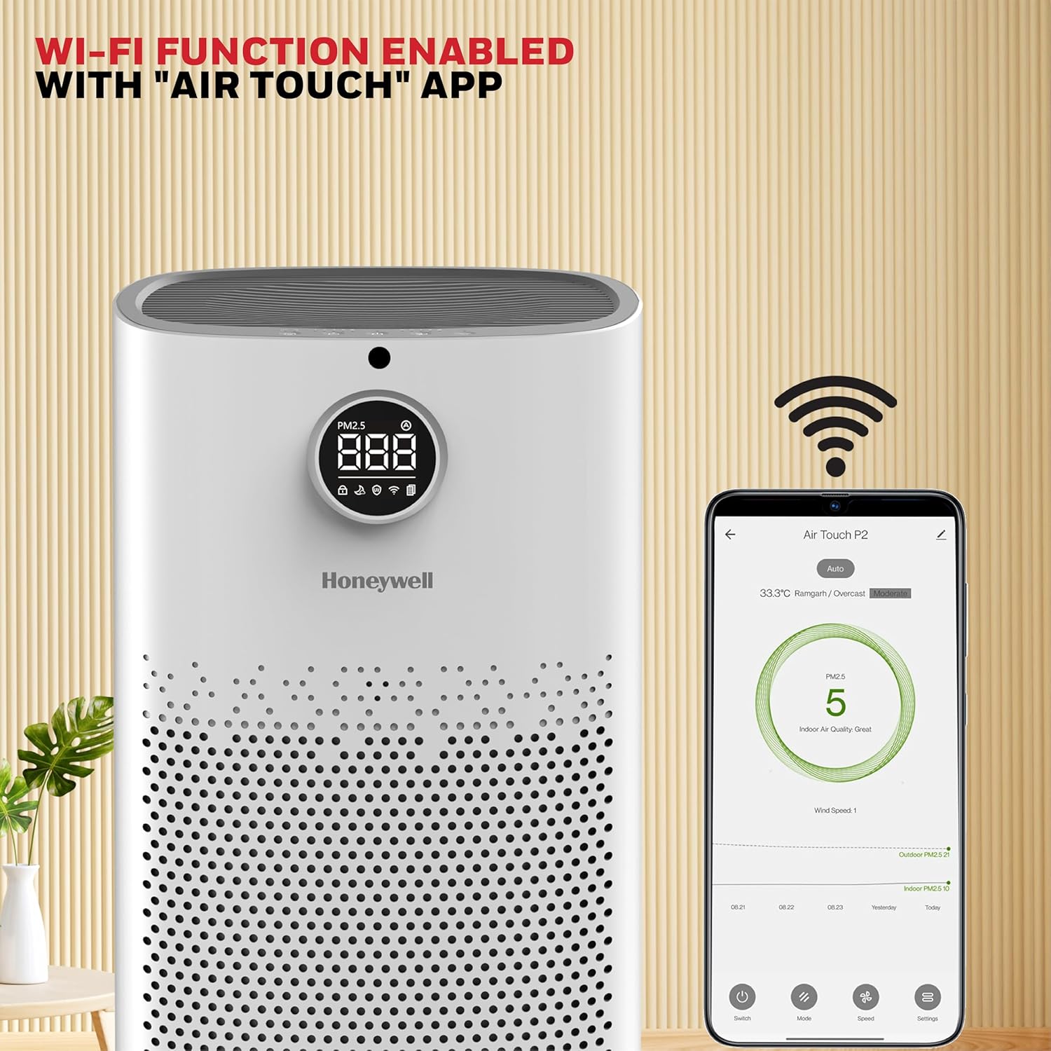 A user controlling their Honeywell Air Touch P2 from a smartphone using the Wi-Fi app. A user controlling their Honeywell Air Touch P2 from a smartphone using the Wi-Fi app.