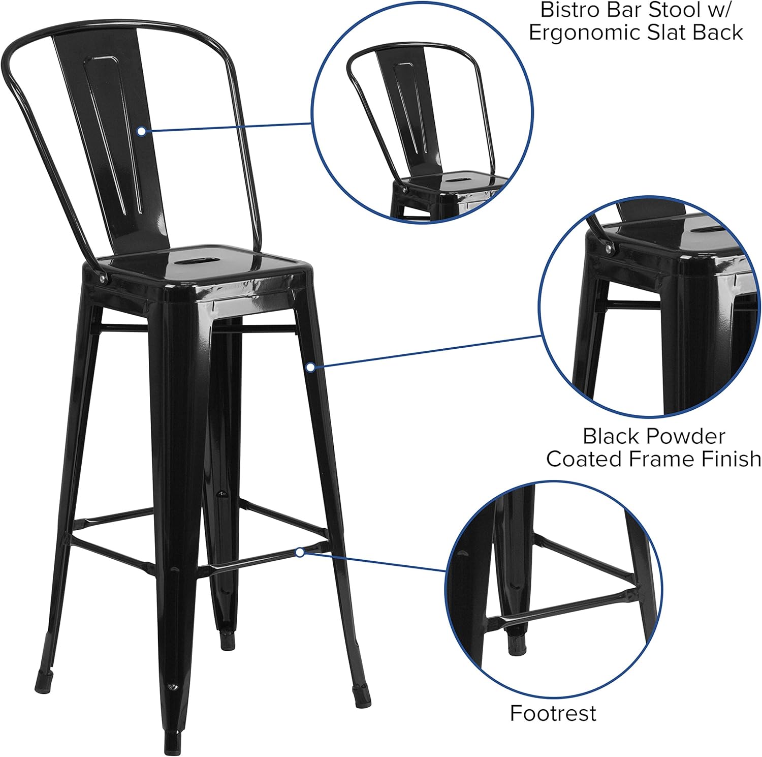 Flash Furniture Commercial Grade 30" High Black Metal Indoor-Outdoor Barstool with Removable Back Black Set of 1