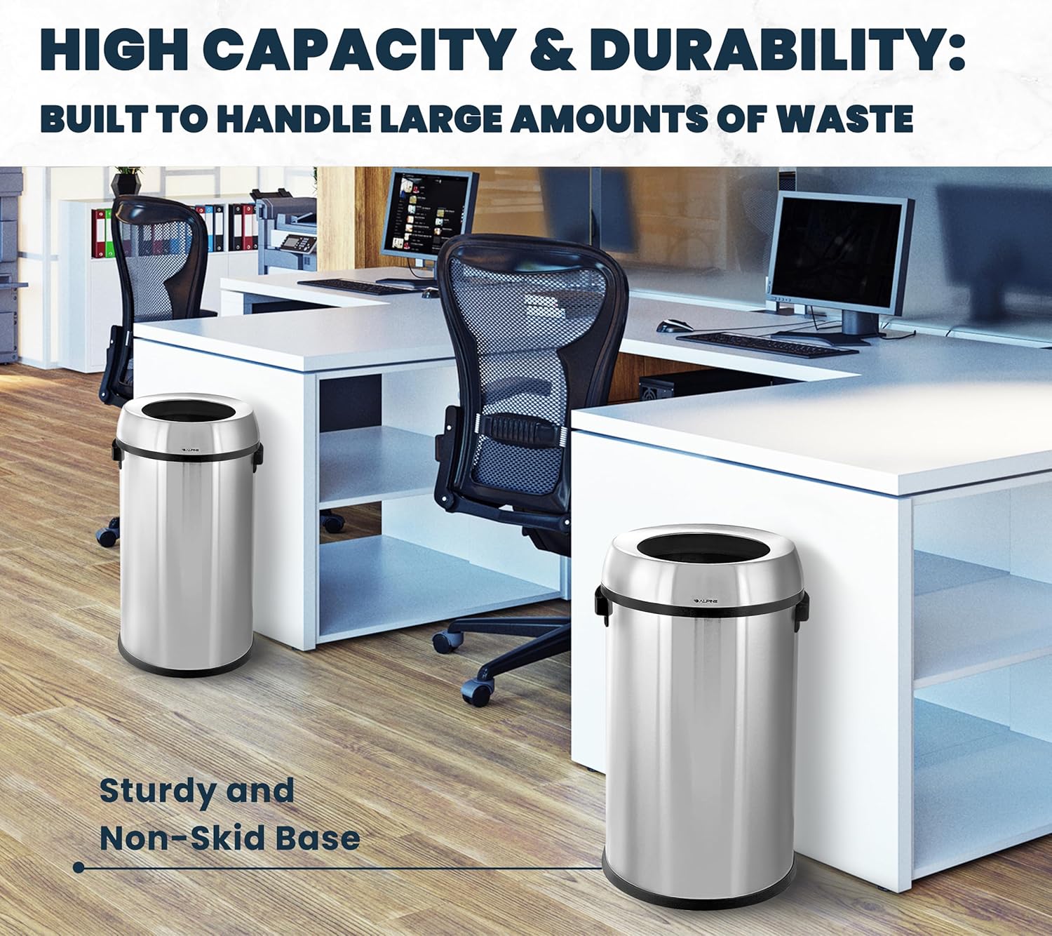 Alpine 17 Gallon Stainless Steel Open Top Trash Can – Commercial-Grade, Corrosion-Resistant, Brushed Finish