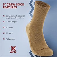 VERTX VaporCore Mens Crew Socks, Merino Wool Moisture Wicking with Odor Control