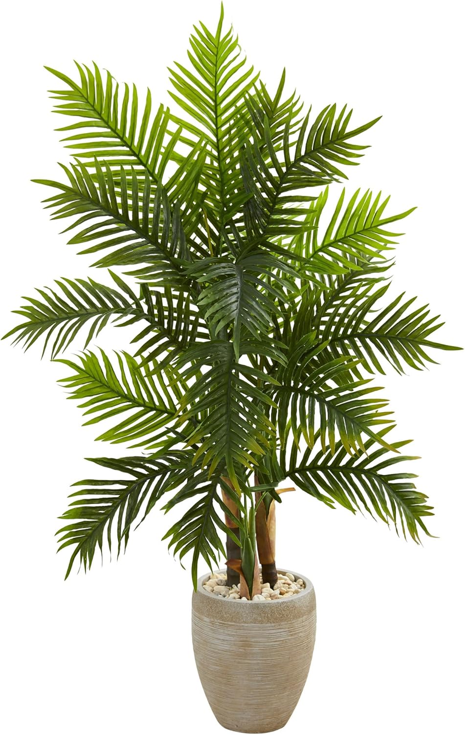 Nearly Natural 5ft. Areca Palm Tree in Sand Colored Planter (Real Touch) Artificial Plant, 21"D x 32"W x 60"H, Green