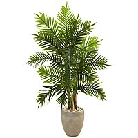 Nearly Natural 5ft. Areca Palm Tree in Sand Colored Planter (Real Touch) Artificial Plant, 21"D x 32"W x 60"H, Green