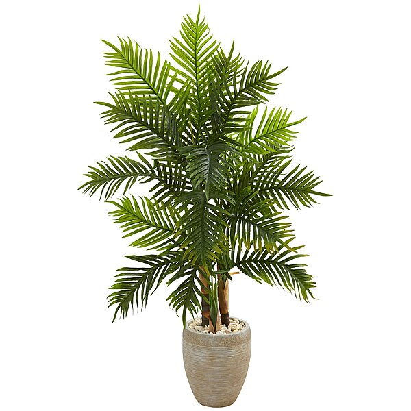 Nearly Natural 5ft. Areca Palm Tree in Sand Colored Planter (Real Touch) Artificial Plant, 21"D x 32"W x 60"H, Green