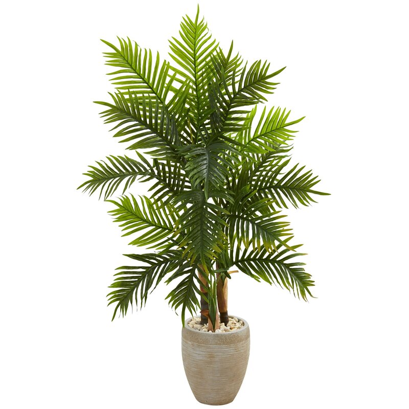 Nearly Natural 5ft. Areca Palm Tree in Sand Colored Planter (Real Touch) Artificial Plant, 21"D x 32"W x 60"H, Green
