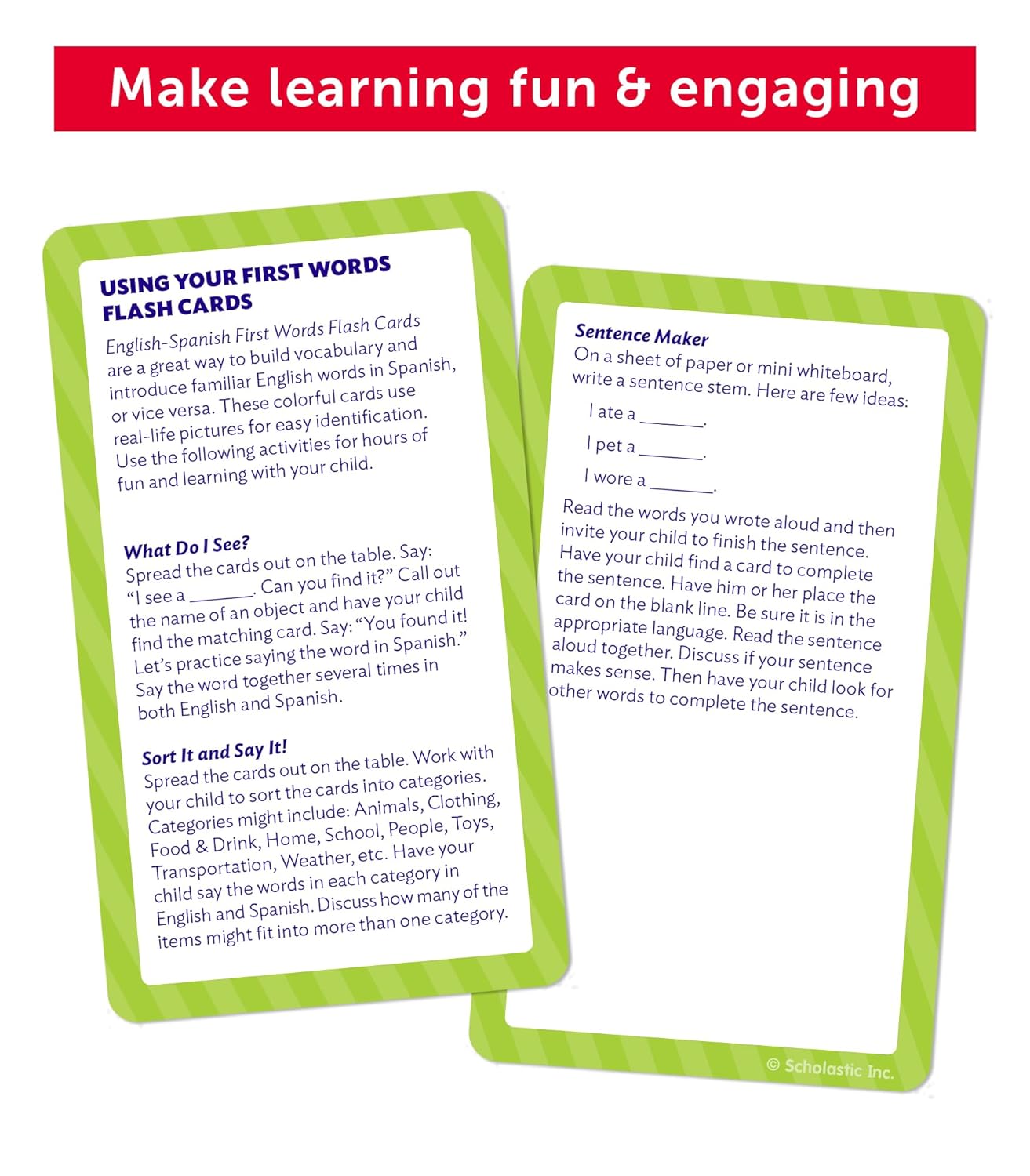 Scholastic English-Spanish First Words Flash Cards, 6-5/16inH x 3-7/16inW, Pre-K, Pack Of 56 Cards