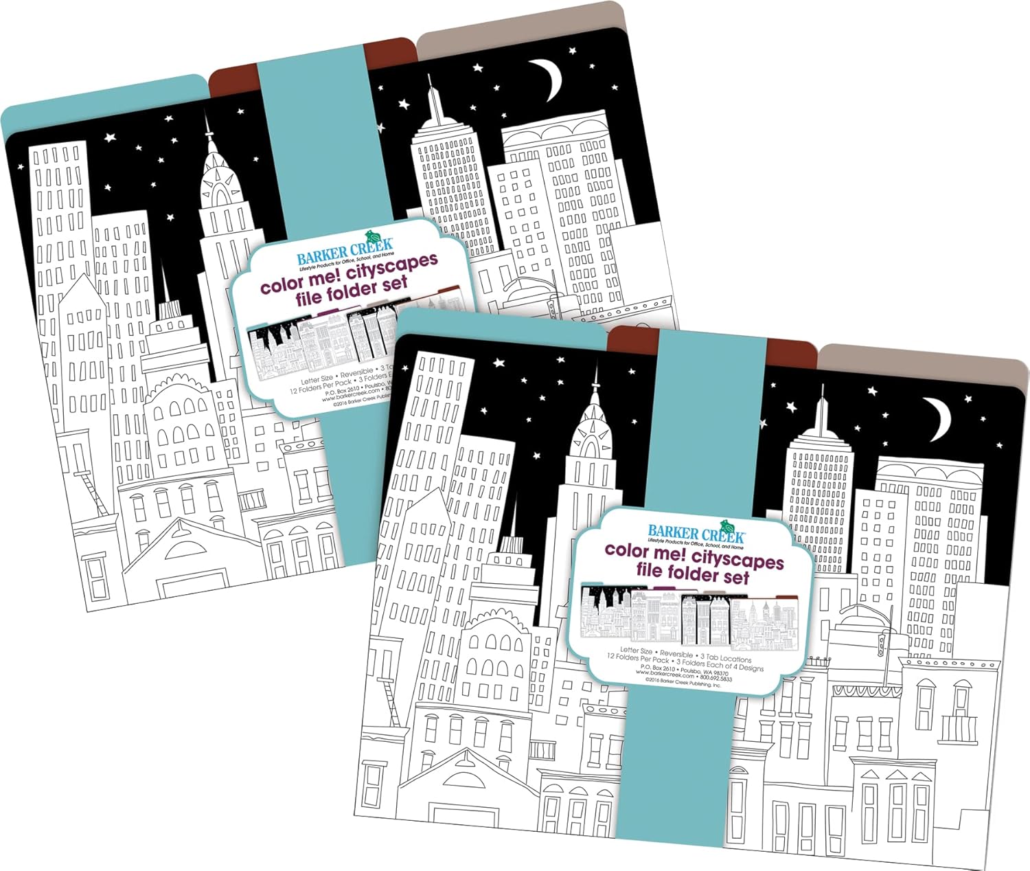 Barker Creek Designer File Folders Set of 24, Color Me! Cityscapes, Multi-Design Set, Adult Coloring Book Style