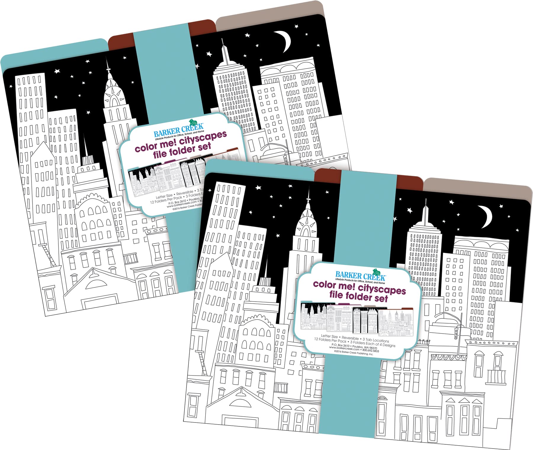 Barker Creek Designer File Folders Set of 24, Color Me! Cityscapes, Multi-Design Set, Adult Coloring Book Style