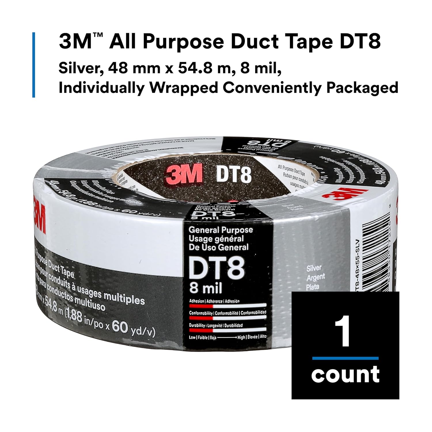 3M DT8 Industrial Strength Multi-Use Duct Tape, Silver, 1.88in x 60 yd x 8 mil Thickness – Professional Grade Adhesive