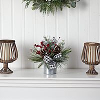 Nearly Natural 12in. Frosted Pinecones and Berries Artificial Arrangement in Vase with Decorative Plaid Bow