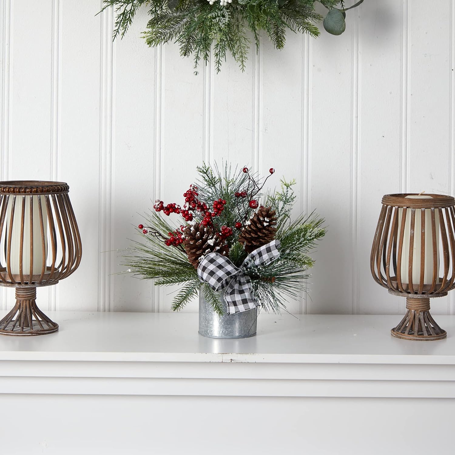 Nearly Natural 12in. Frosted Pinecones and Berries Artificial Arrangement in Vase with Decorative Plaid Bow