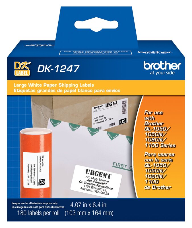 Brother Genuine DK-1247 Die-cut Large Shipping White Paper Labels for Brother QL Label Printers – 180 Labels per Roll 4.07” x 6.4” (103mm x 164 mm) 1 Roll Labels