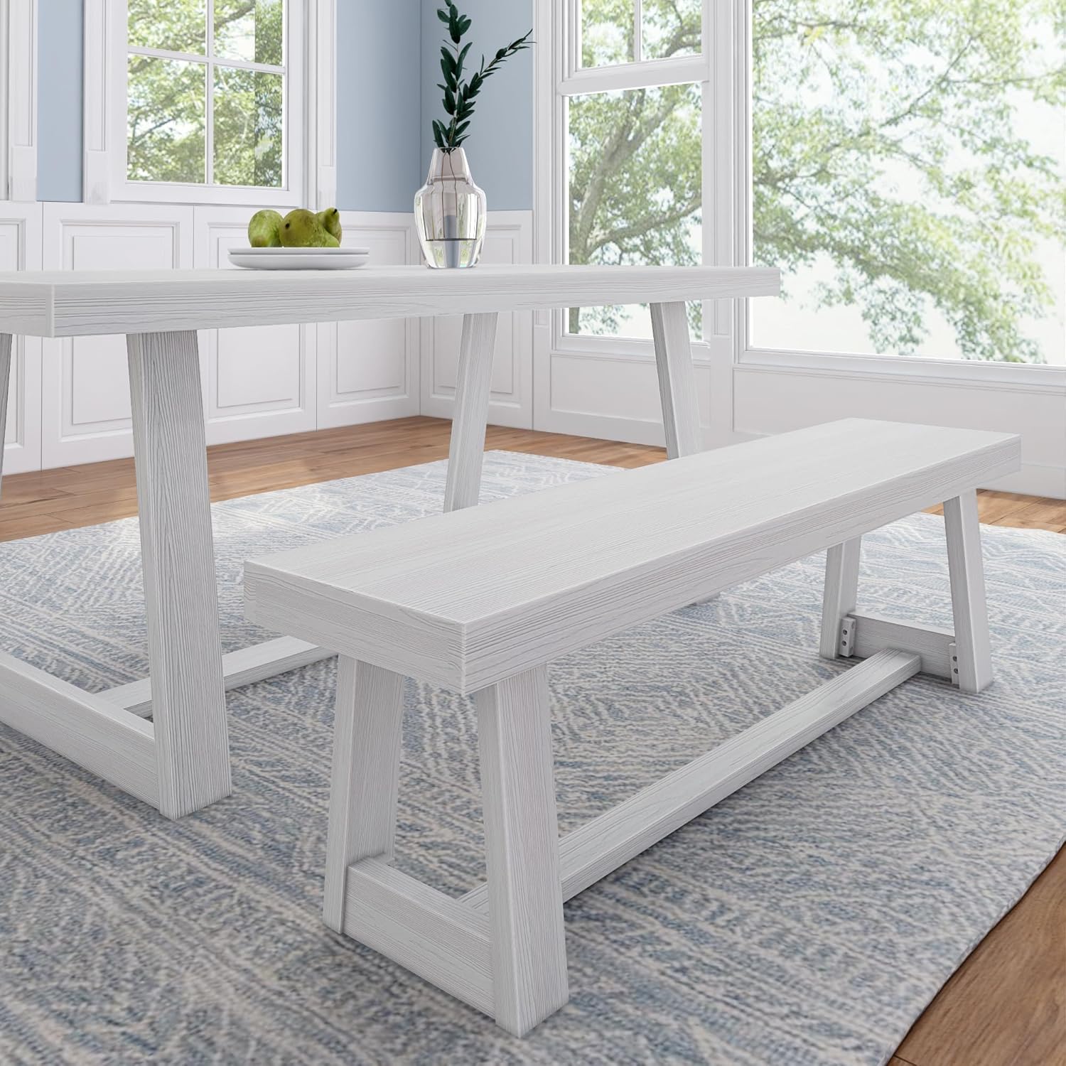 Solid Wood Farmhouse Dining Bench – Seashell Wirebrush Finish