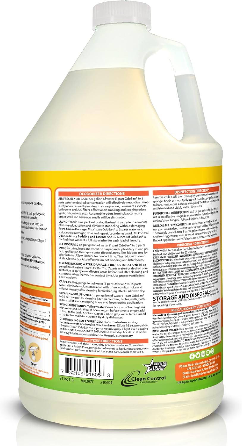 OdoBan Disinfectant Concentrate and Odor Eliminator, 1 Gallon, Citrus Scent 1 Count (Pack of 1)