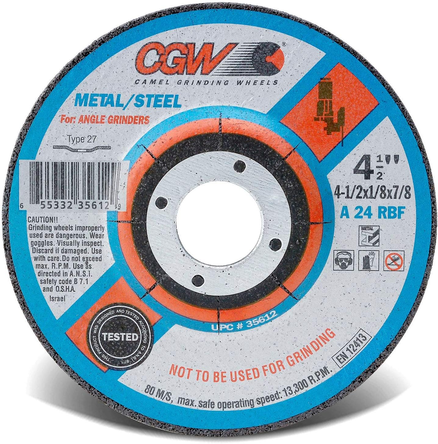 Depressed Center Wheel, 4 1/2 in Dia, 1/8 in Thick, 5/8 in Arbor, Aluminum