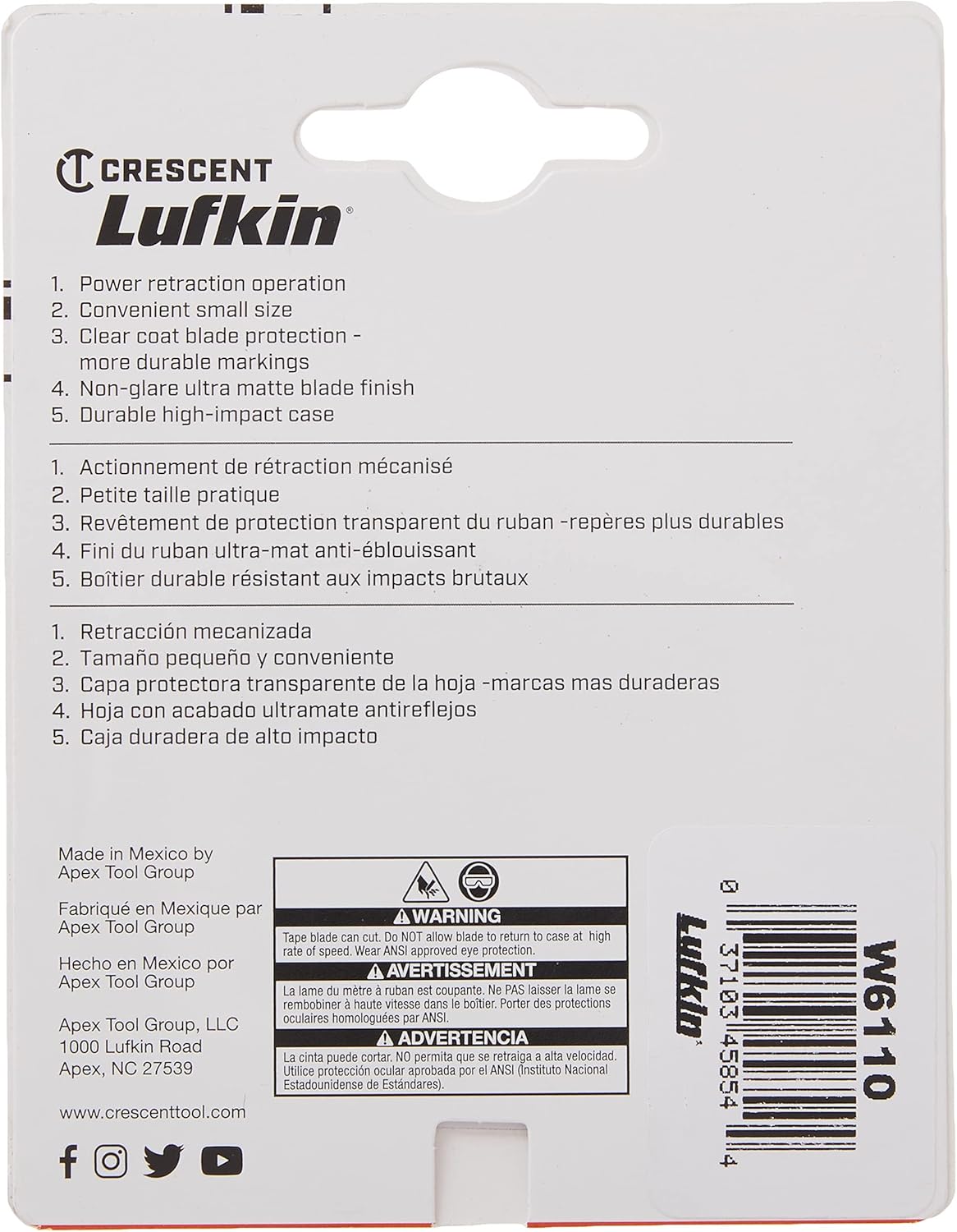 Crescent Lufkin 1/4" x 10' Pee Wee Yellow Clad Pocket Tape Measure - W6110 , Black