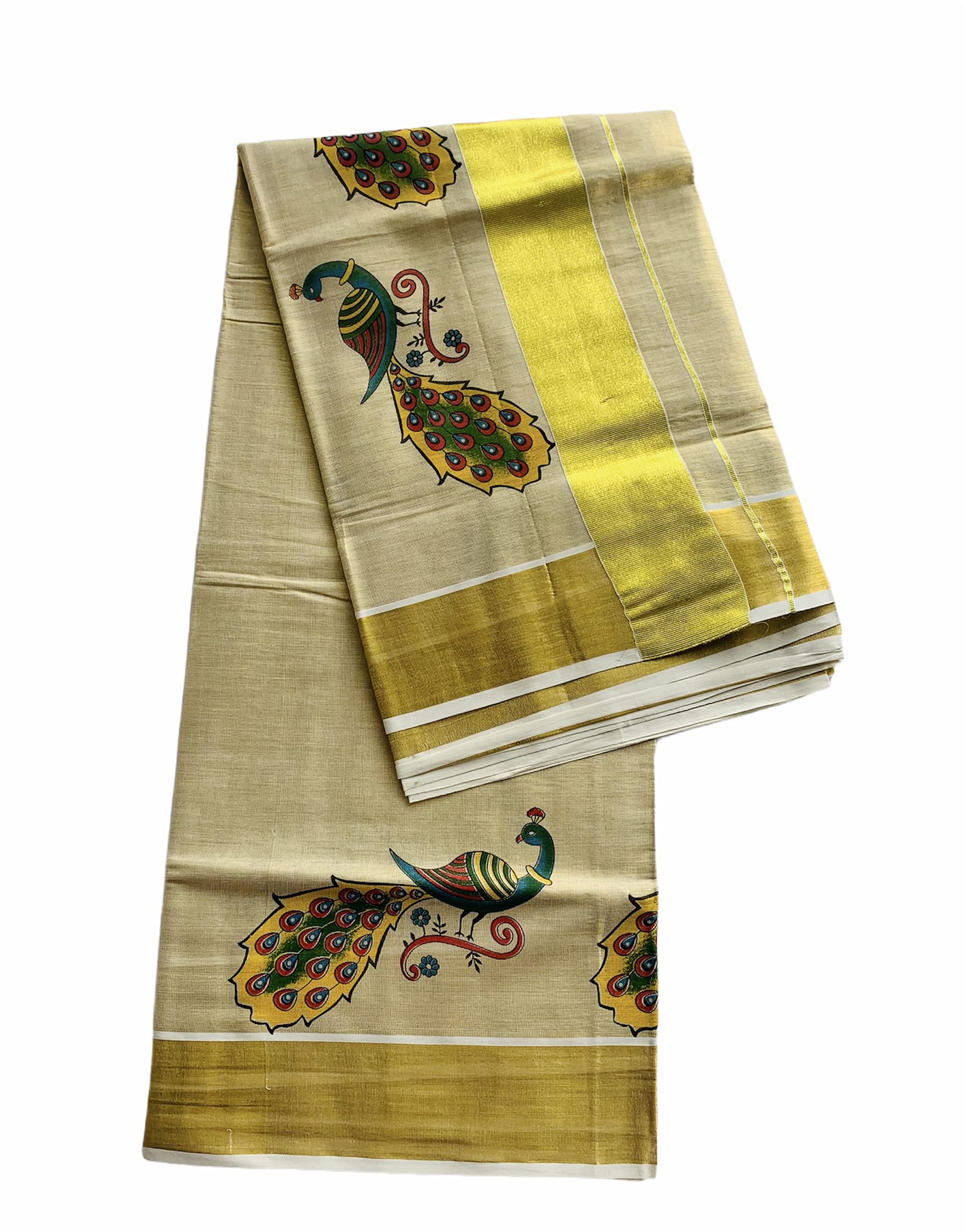 Kuthampully Women's Kasavu Tissue Cotton Saree With Running Blouse - Multi color KPSS-297