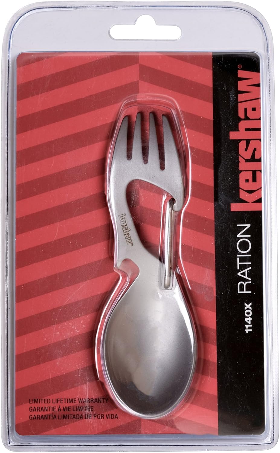 Kershaw Ration Multi Tool Spork, Stainless Steel Spoon, Fork, Carabiner and Bottle Opener, Regular and XL Sizes Silver