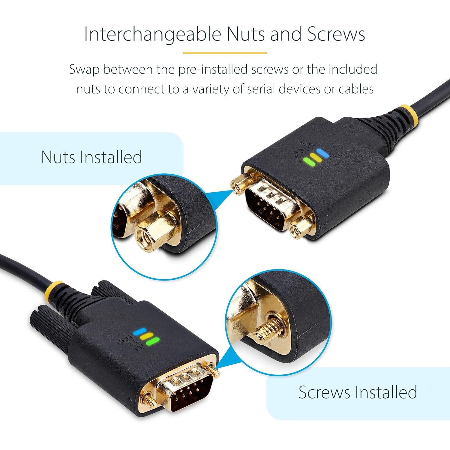 StarTech.com 6.6ft/2m USB to Serial Adapter Cable, COM Retention, FTDI, USB-A to DB9 RS232, Interchangeable DB9 Screws/Nuts