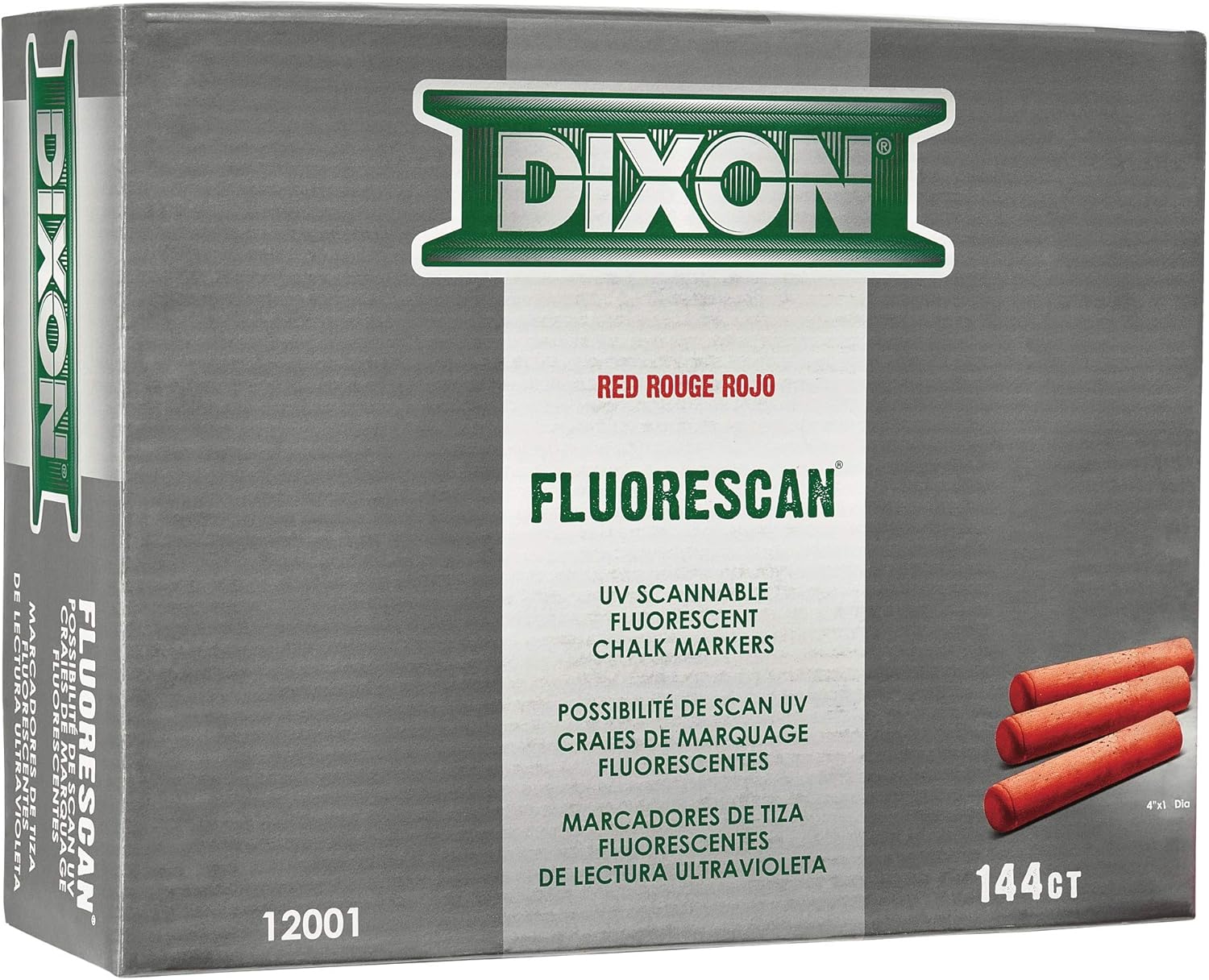 Dixon Industrial Fluorescan Tapered Chalk, 4 x 1" Sticks, Red, 144-Count Pack (12001)