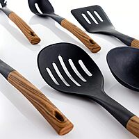 Megachef Nylon Tool Cookware Utensil Set, 7 Piece, Black and Wood Texture