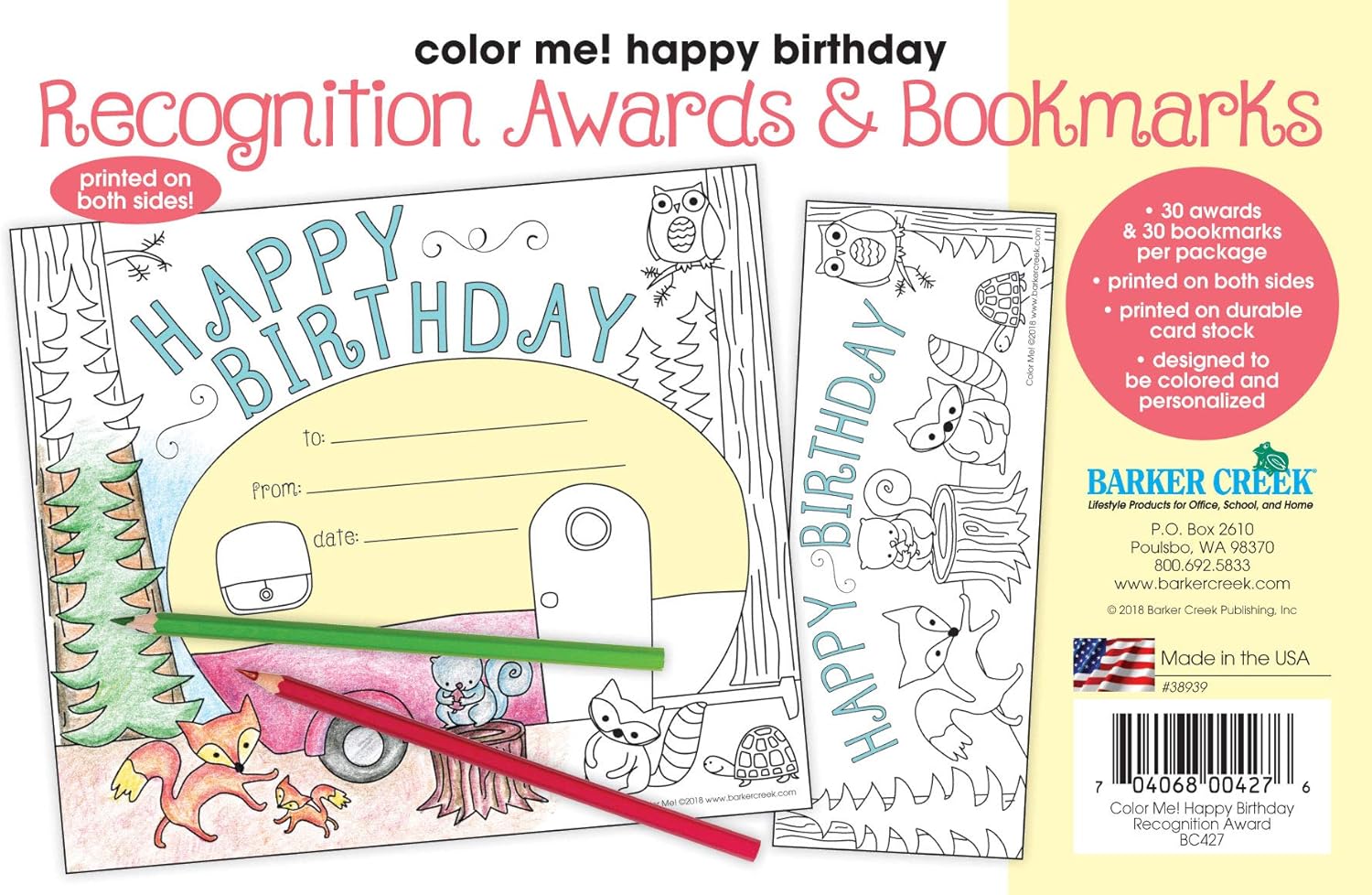 BARKER CREEK Recognition Awards and Bookmarks, Color Me Happy Birthday, 30 Awards that measure 6-3/8" x 5-1/2"