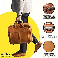 Solo New York Leather Rolling Case with Wheels - Roller Laptop Bag, Wheeled Briefcase for Women & Men, Carry On Size for Travel, Fits 15.6" Computer - Walker, Tan