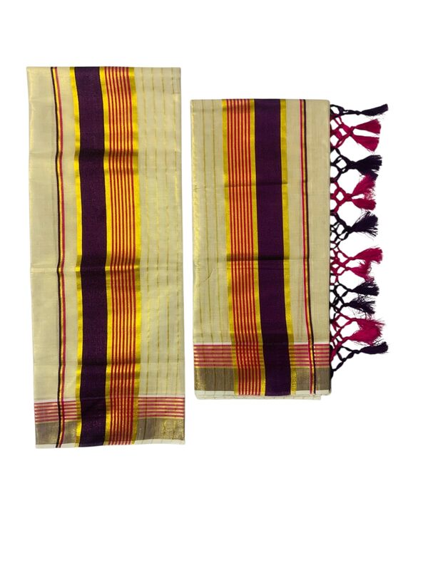 Women's Kuthampully Kerala Kasavu Set mundu Tissue Stripe with Kunjam | Kerala Tissue set mundu onam latest collections | Stripe Kasavu set mundu - Multi Color KTM-912 (Wine Red)