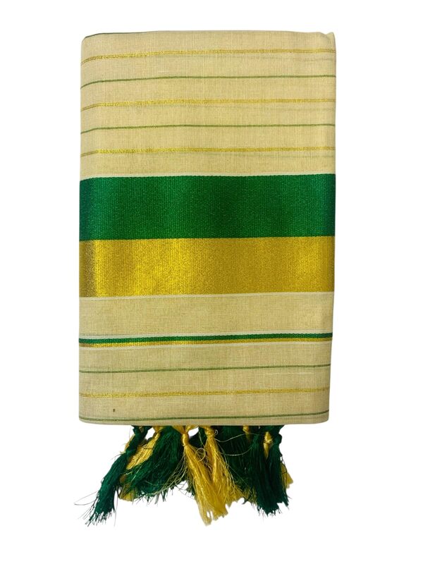 Women's Kuthampully Kerala Kasavu Set mundu Tissue with Kunjam | Kerala Tissue set mundu latest collections | Kuthampully set mundu - Multi color KTM-902 (Green-Gold)