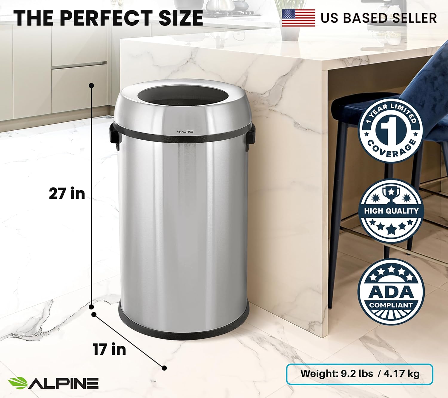Alpine 17 Gallon Stainless Steel Open Top Trash Can – Commercial-Grade, Corrosion-Resistant, Brushed Finish