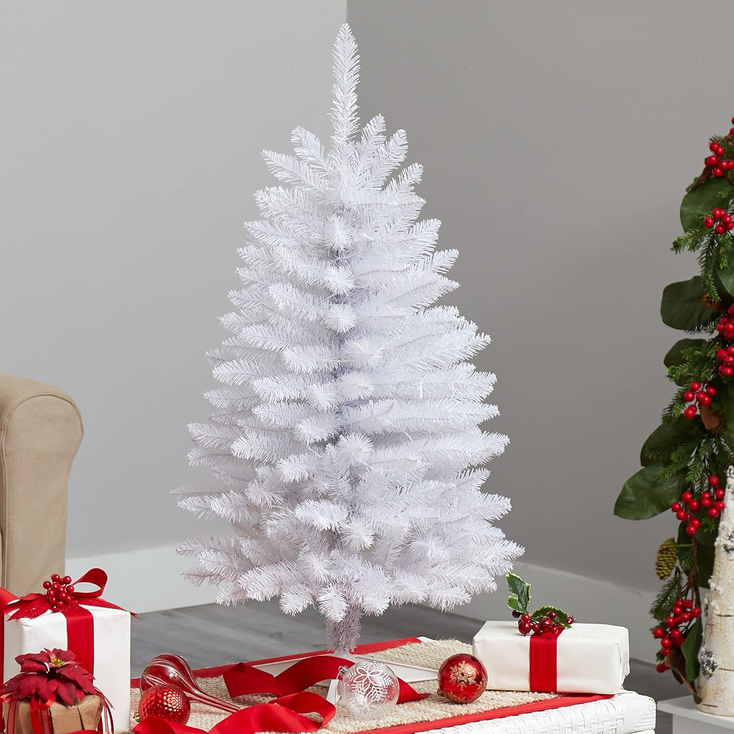 Nearly Natural 3ft. Slim White Artificial Christmas Tree with 50 Warm White LED Lights and 161 Bendable Branches