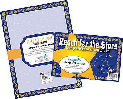 Barker Creek Reach for The Stars Paper and Award Set, Recognize Achievement with 30 Colorful Reach for The Stars Recognition Awards and 50 Sheets of Coordinating Computer Paper (3724)