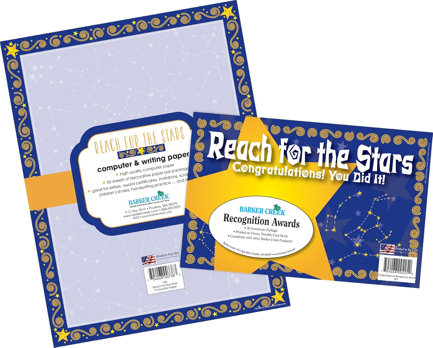 Barker Creek Reach for The Stars Paper and Award Set, Recognize Achievement with 30 Colorful Reach for The Stars Recognition