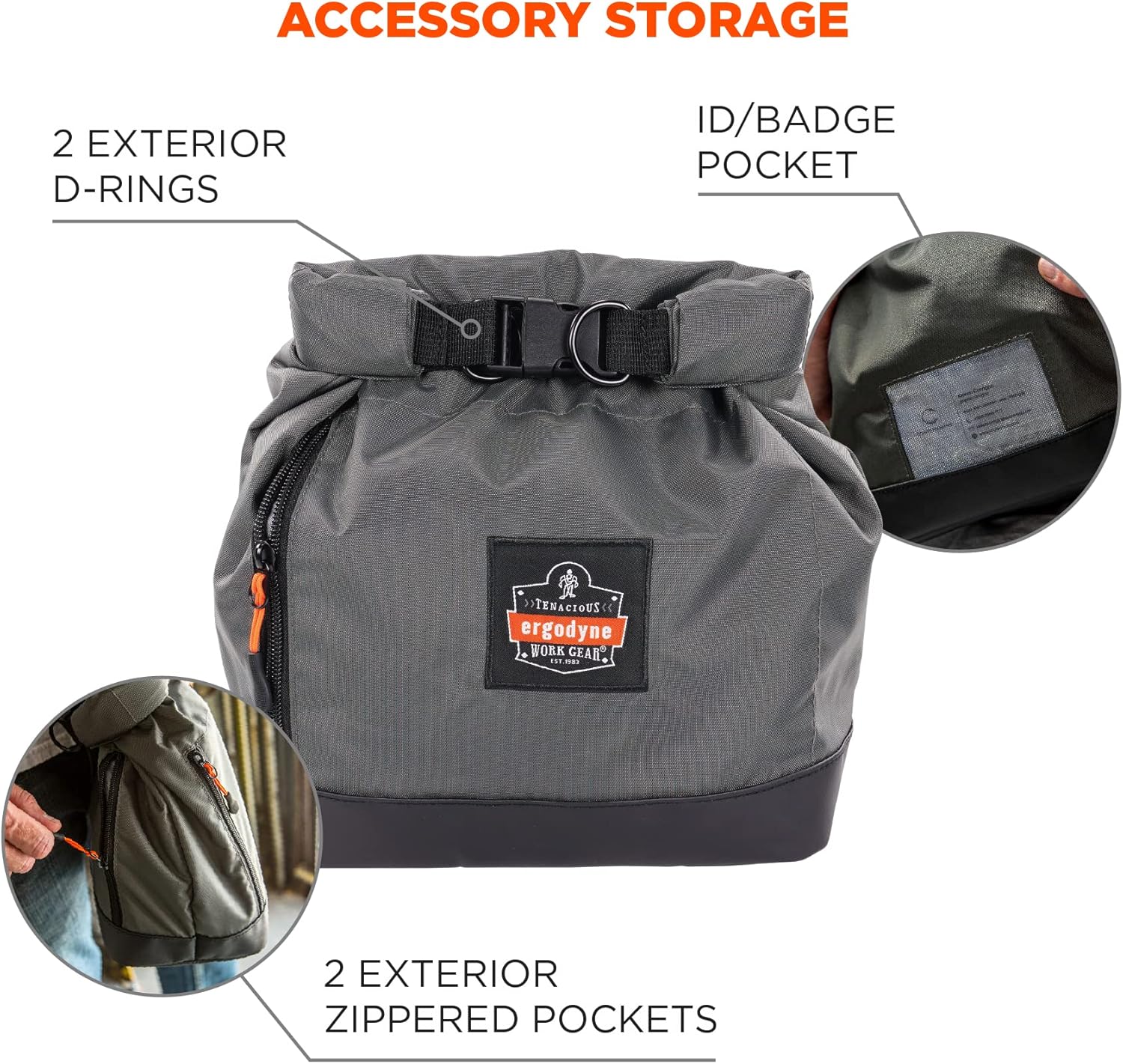 Ergodyne Arsenal 5186 Respirator Mask Storage Bag, Fits Half and Full Face Respirators, Adjustable Roll Top Closure,Gray