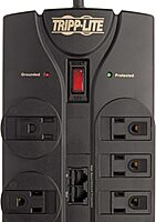 Tripp Lite 8 Outlet Surge Protector Power Strip, 10ft Cord, Right-Angle Plug, Tel/Modem/Coax/Ethernet Protection, RJ11, RJ45, & $250,000 INSURANCE (TLP810NET) Grey