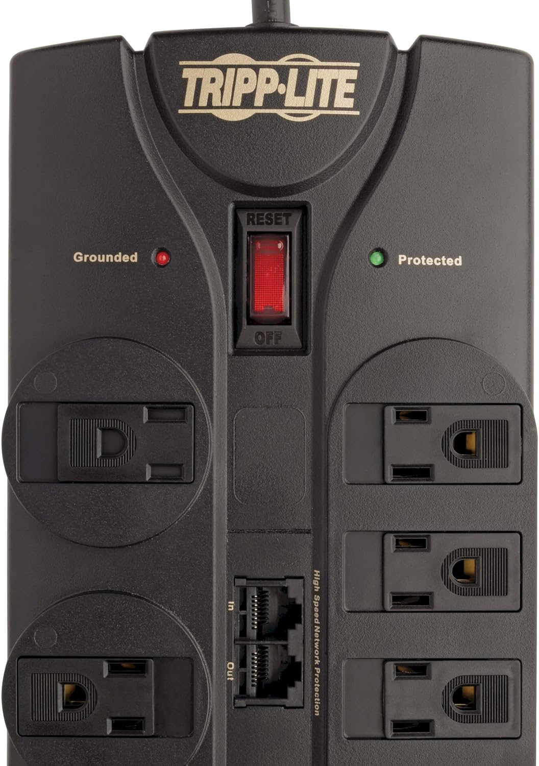 Tripp Lite 8 Outlet Surge Protector Power Strip, 10ft Cord, Right-Angle Plug, Tel/Modem/Coax/Ethernet Protection, RJ11, RJ45