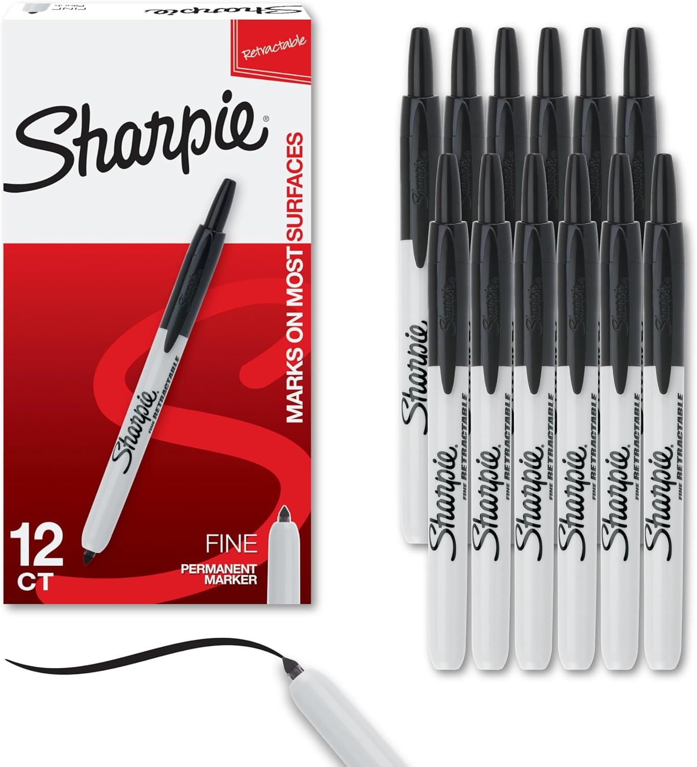 Sharpie Retractable Permanent Markers, Fine Point, Black, Box Of 12
