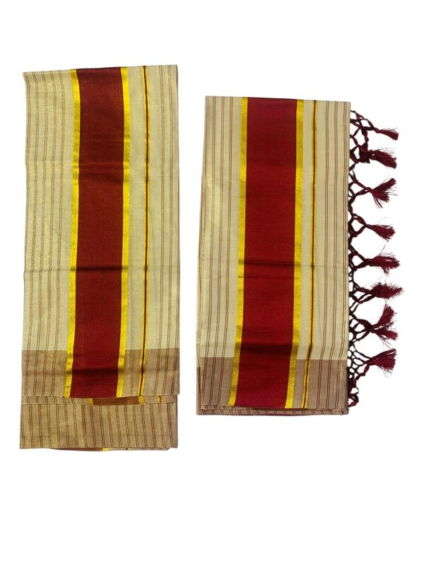 Women's Kuthampully Kerala Kasavu Set mundu Tissue with Kunjam | Kerala Tissue set mundu latest collections | Kuthampully Stripe Kasavu set mundu - Multi Color KTM-901 (Maroon)