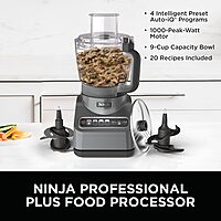 Ninja Food Processor, Professional Plus, 1000 Peak Watts, 4 Functions for Chopping, Slicing, Purees & Dough with 9-Cup Processor Bowl, 3 Blades, Food Chute & Pusher, Silver, BN601 9-Cup Food Processor