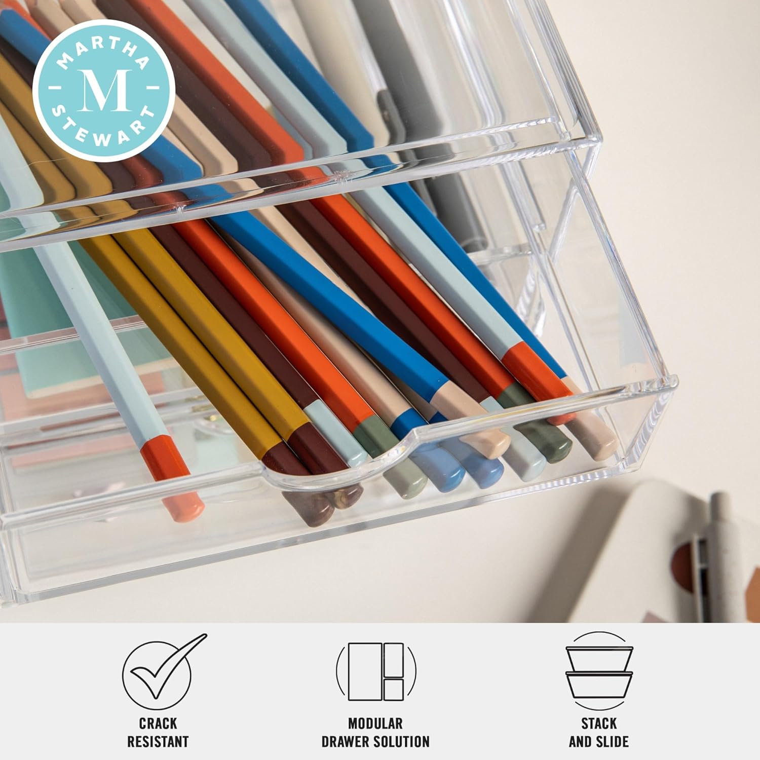 Martha Stewart Brody Desk Organizer with Drawers, Stackable Plastic Storage Box