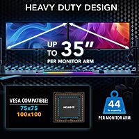 Mount-It! Heavy Duty Dual Monitor Arm up to 35 in. 44 lbs Screens, RGB Lights, 75x75 100x100 VESA Desk Mount for 2 Widescreen Curved Monitors 27 32 34 35 inches, Gas Spring, Clamp, Grommet, RGB Lights