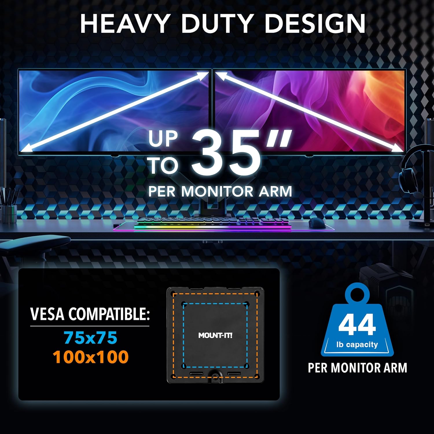 Mount-It! Heavy Duty Dual Monitor Arm up to 35 in. 44 lbs Screens, RGB Lights